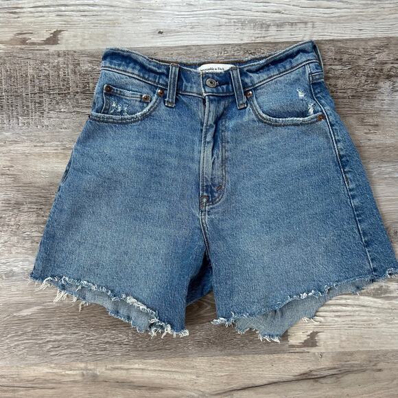 Abercrombie & Fitch Dad Shorts Blue Denim High Rise Frayed Hem Curve Love - Picture 1 of 6